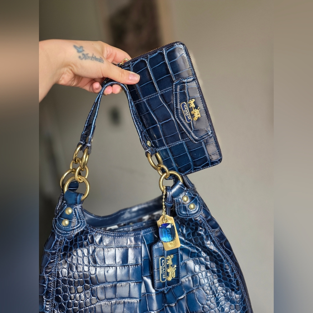 Coach Navy Croc Embossed Bag and Wallet Set